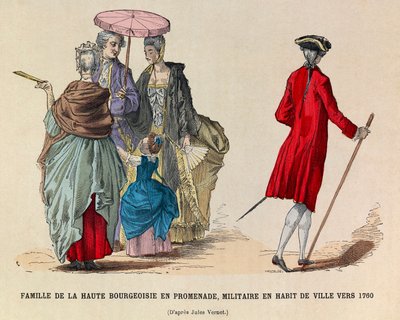 1760年，一个高级资产阶级家庭在散步，一个士兵穿着城镇的衣服（路易十五国王的政权）--私人收藏 作者 匿名匿名