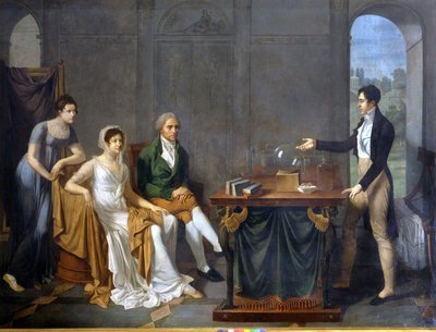 A scientist (probably Alessandro (Alexandre) Volta) doing a scientific experiment in front of the Melzi Deril family. Anonymous painting. . 作者 匿名匿名