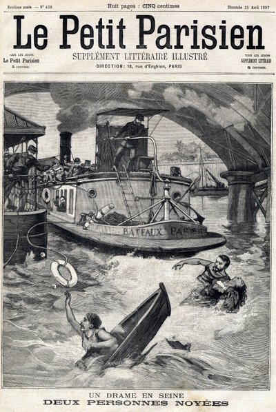 塞纳河上的事故：两个人在一艘溺水的船上。在1897年4月25日的 "小巴黎人 "上。 作者 匿名匿名