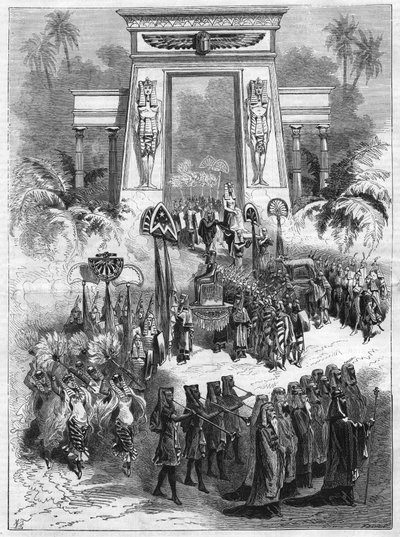 作品《阿依达》的第二幕。朱塞佩-威尔第（1813-1901）的四幕七画大歌剧在巴黎的意大利剧院上演。载于 "L