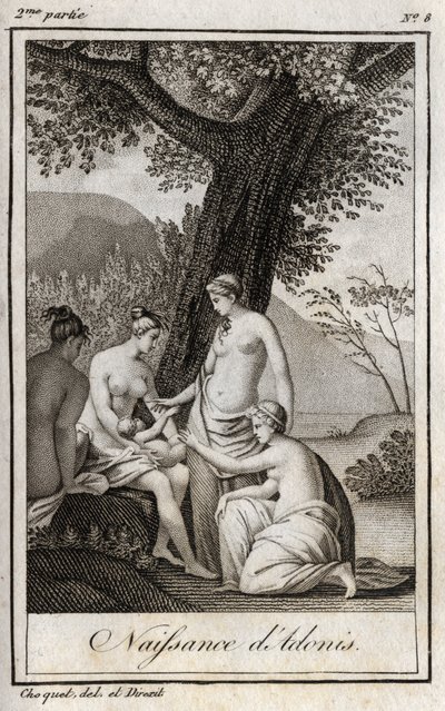 阿多尼斯出生。1819年的雕版画，载于查尔斯-阿尔伯特-德穆斯特（1760-1801）的 "Lettres a Emilie sur la mythologie"。私人收藏。 作者 匿名匿名