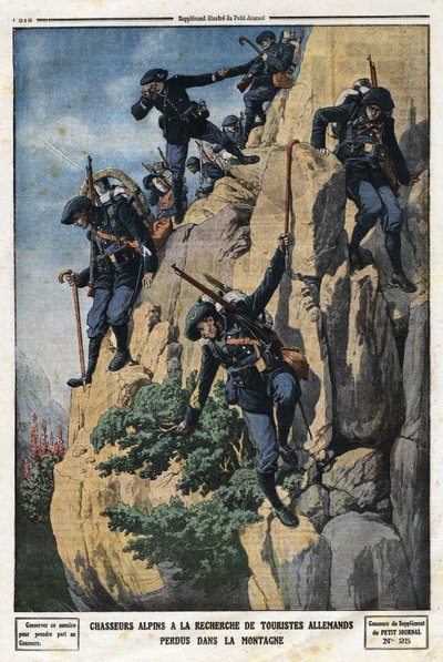 阿尔卑斯山的猎人在寻找迷路的德国游客。他们想去Chartreuse山地的Nero（Helmet du Nero）山。1912年7月7日《小报》上的版画。私人收藏。 作者 匿名匿名