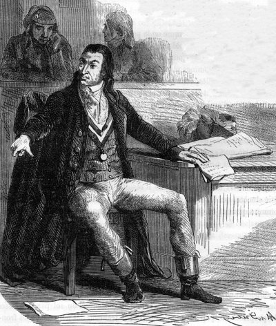 安托万-昆廷-富基耶-丁维尔（Antoine Quentin Fouquier de Tinville）（1746-1795），法国立法者和革命者，革命法庭的公开指控者--阿尔方斯-德-拉马丁（1790-1869）的《吉伦特人的历史》中的版画，1865-1866年--私人收藏。 作者 匿名匿名