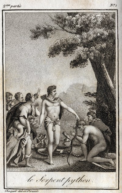 阿波罗和帕纳索斯山上的蟒蛇。 查尔斯·阿尔伯特·德穆斯捷 (1760-1801) 于 1819 年在“Lettres a Emilie sur la mythologie”中的雕刻。 私人收藏。 作者 匿名匿名