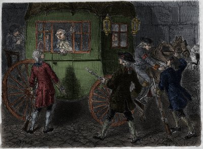 1791年6月21日，路易十六（1754-1793）及其逃亡的家人在瓦伦纳被逮捕。阿道夫-梯也尔（Adolphe Thiers）的《法国大革命史》中1866年的版画。. 作者 匿名匿名
