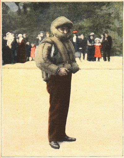 航空。旨在保护飞行员免受坠落的航空服。1910年10月16日在 "Le petit parisien "的雕刻。私人收藏。 作者 匿名匿名