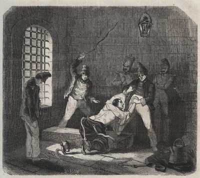 Bagne de Brest: 杖刑。皮埃尔-扎科内（1817-1895年）在《从创建到现在的袋子史》（1877年）中的雕刻（Colonia Penale--刑罚殖民地）。私人收藏。 作者 匿名匿名