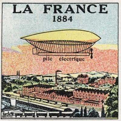 气球：1884年的飞艇 "La France "使用法国人Renard和Krebs发明的电瓶。1925年的匿名插图。私人收藏。 作者 匿名匿名