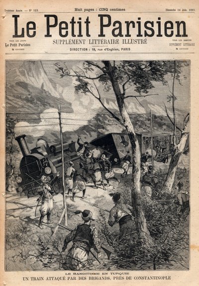 土耳其的土匪活动，一列火车在君士坦丁堡附近被强盗袭击。1891年 "小巴黎人 "杂志的雕刻作品。私人收藏。 作者 匿名匿名