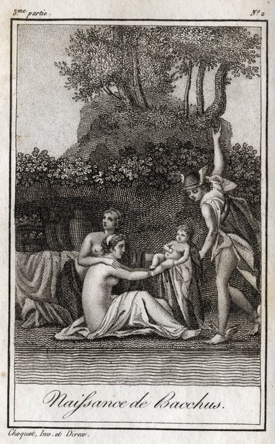 巴克斯的诞生，朱庇特和塞梅莱的儿子。1819年的雕版画，载于查尔斯-阿尔伯特-德穆斯特（1760-1801）的 "Lettres a Emilie sur la mythologie"。私人收藏。 作者 匿名匿名
