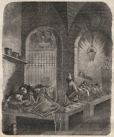 布列斯特的巴格内在晚上。皮埃尔-扎科内（1817-1895年）在《从创建到现在的袋子史》（1877年）中的雕刻（Colonia Penale--刑罚殖民地）。私人收藏。 作者 匿名匿名