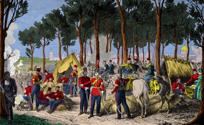1815年7月，拿破仑第一战败后，俄罗斯和英国军队在巴黎香榭丽舍大街的露营，版画，私人收藏 作者 匿名匿名