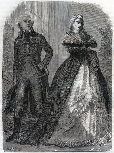查尔斯-弗朗索瓦-杜佩里耶（Charles Francois du Perier dit Dumouriez）（1739-1823），法国将军与玛丽-安托瓦内特女王（1755-1793）。雕刻于1866年的《法国革命史》，作者是Adolphe Thiers。私人收藏。 作者 匿名匿名