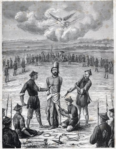 基督教受迫害：法国传教士约瑟夫-马尚（Joseph Marchand）于1835年11月30日在科钦纳州遭受了 "百伤折磨"。路易-尤金（Louis Eugene）-卢韦（Louvet）在《十九世纪的天主教传教士》中的雕刻作品。 作者 匿名匿名