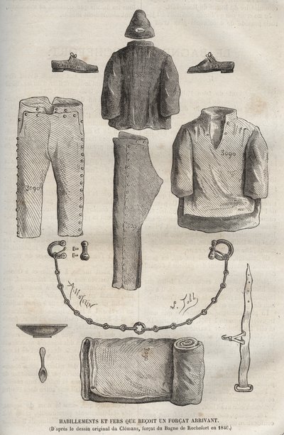 19世纪到达罗什福尔的部队收到的衣服和熨斗（根据1840年Clemans, forcat du bagne的原画）。皮埃尔-扎科内（1877年）在《从创建到现在的巴格纳历史》（Histoire des bagnes depuis leur création to nos jours）中的版画。 作者 匿名匿名