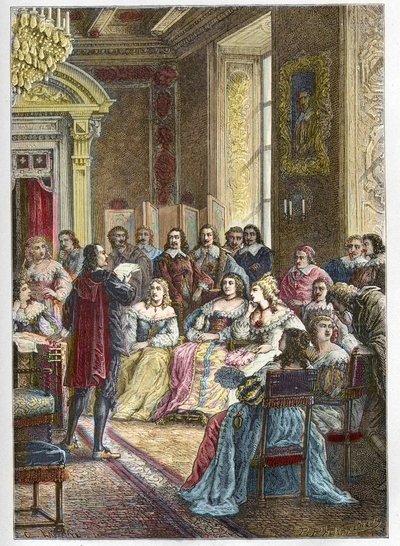 Corneille 在 Catherine de Vivonne、Marquise de Rambouillet 面前的朗布依埃酒店 (Hotel de Rambouillet) 以及教堂的骑兵和男子面前朗读他的波利尤特悲剧（博叙埃也是蓝厅的常客之一）——皮埃尔 作者 匿名匿名
