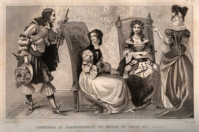 Costumes at the beginning of the regne of Louis XIV (1650). Engraving from 1859 in “” Le Monde. History of all peoples from the most remote times to the present day”. by M. E. de Lostalot-Bachoue (Lostalot Bachoue). Private collection. 作者 匿名匿名