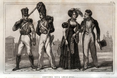 路易十八时期的服装。1859年在《世界报》上的雕刻。从最遥远的时代到今天的所有民族的历史"。 作者是M. E. de Lostalot-Bachoue（洛斯塔洛特-巴乔）。私人收藏。 作者 匿名匿名