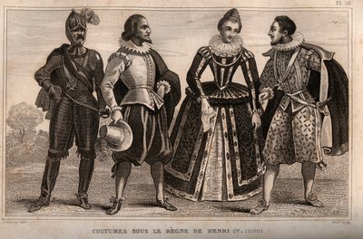 Costumes under the rule of Henry IV (1590). Engraving from 1859 in “” Le Monde. History of all peoples from the most remote times to the present day”. by M. E. de Lostalot-Bachoue (Lostalot Bachoue). Private collection. 作者 匿名匿名