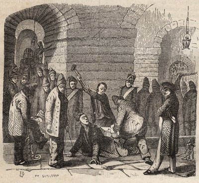 Coupling at the Rochefort bagne in the 19th century. Engraving in “Histoire des bagnes depuis leur création à nos jours”” (1877) by Pierre Zaccone (1817-1895) (Colonia Penale - Penal colony). Private collection. 作者 匿名匿名