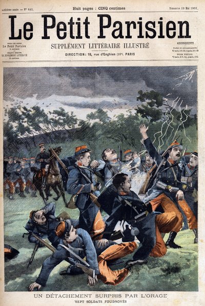 被风暴惊动的士兵分队：七名士兵将被击中，1901年5月19日的《小巴黎人报》（雕刻）。 作者 匿名匿名