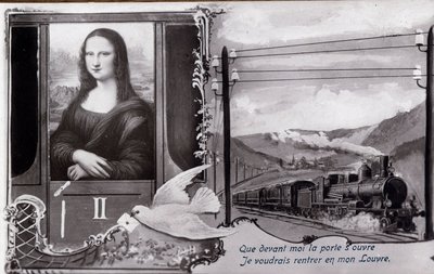 伦纳德-德-芬奇（Leonard da Vinci）（1452-1519）的《蒙娜丽莎》（Mona Lisa，Monna Lisa）的脱机表现：" 这幅画在火车上表现，希望找到它的博物馆。在作品被盗时编辑的喜剧明信片，由 作者 匿名匿名