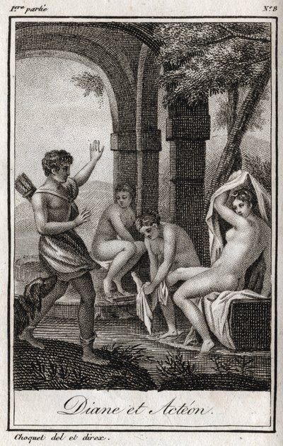 戴安娜和阿克泰恩（Diana and Actaeon） 戴安娜在洗澡时被猎人阿克泰恩吓了一跳。1819年的版画，载于查尔斯-阿尔伯特-德穆斯特（1760-1801）的 "Lettres a Emilie sur la mythologie"。私人收藏。 作者 匿名匿名