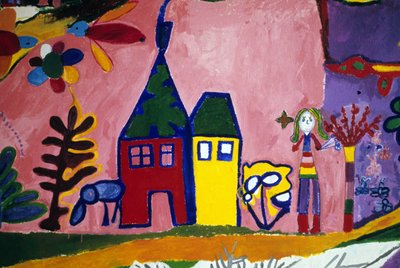 来自 Rousse Cross School 的儿童画，描绘了鸟类、女孩和房屋。 圣布里厄，圣布里厄。 作者 匿名匿名