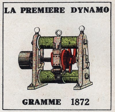 Dynamo: the first dynamo invented by Zenobe Theophile Gram (1826-1901) in 1872. Anonymous illustration from 1925. Private collection. 作者 匿名匿名