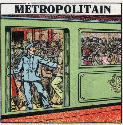 电动电车：乘客堆积在巴黎的Metropolitain中。1925年的匿名插图。私人收藏。 作者 匿名匿名