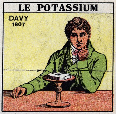Electrochemistry: decomposition of potash (potassium) and soda by Sir Humphry Davy (1778-1829) in 1807. Anonymous illustration from 1925. Private collection. 作者 匿名匿名
