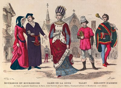 Engraving - Bourgeois et bourgeoise, Lady of the Court, valet, sergeant-at-arms in Paris in the 13th century (in the background la grande Chatreuse de Paris, hotel Vauvert) - Court costumes in France during the 13th century - private collection 作者 匿名匿名