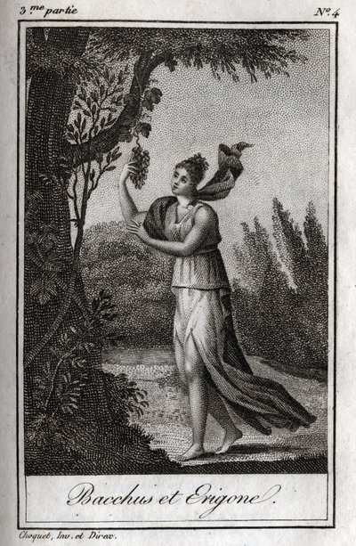 埃里戈和巴克斯，1819年的版画，载于查尔斯-阿尔伯特-德穆斯特（1760-1801）的《Lettres a Emilie sur la mythologie》。私人收藏。 作者 匿名匿名