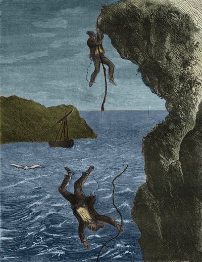 19世纪，两支部队从Belle-Ile-en-Mer（海上美丽的岛屿）的Bagne逃脱。皮埃尔-扎科内（Pierre Zaccone）（1817-1895）在 "Histoire des bagnes depuis leur création to nos jours"（1877）中的雕刻（Colonia Penale-刑罚殖民地）。私人收藏 作者 匿名匿名