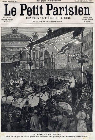 法俄联盟节：费利克斯-福尔（1841-1899）的总统车队通过时的歌剧院广场景色。在1897年9月12日的 "小巴黎人 "上。私人收藏 作者 匿名匿名