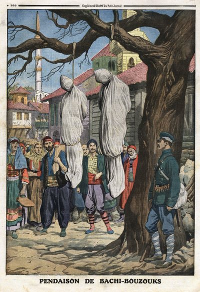第一次巴尔干战争（Balkan）：在凯特丘克里村被保加利亚军队俘获的奥斯曼帝国军队的雇佣骑兵、强盗和掠夺者巴奇布祖克（Bachibuzuk，Bachi Buzuk）被绞死。插图摘自1912年12月8日的《小报》（Le Petite Journal）。 作者 匿名匿名