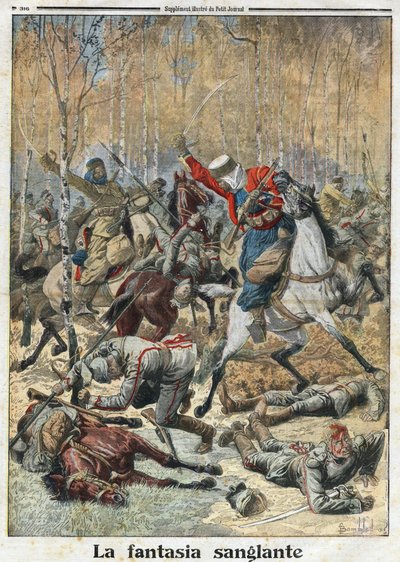 1914-1918年第一次世界大战（14-18）。"血腥幻想曲"。在树林中，一支由30名Urlans（手持长矛的德国骑兵）组成的部队与8名胜利的阿尔及利亚SPAHIS作战。1915年11月28日，"小报 "上的版画。私人收藏。 作者 匿名匿名