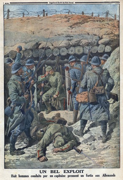第一次世界大战1914-1918年（14-18年战争）。由一名上尉率领的8名法军士兵从德军手中夺取了一座堡垒。载于1916年9月3日《小报》。私人收藏 作者 匿名匿名