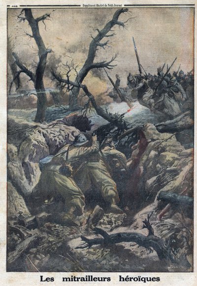 1914-1918年第一次世界大战（14-18战争）。法国机枪手向德军进攻时射击。载于 "小报"，1916年4月9日。私人收藏 作者 匿名匿名
