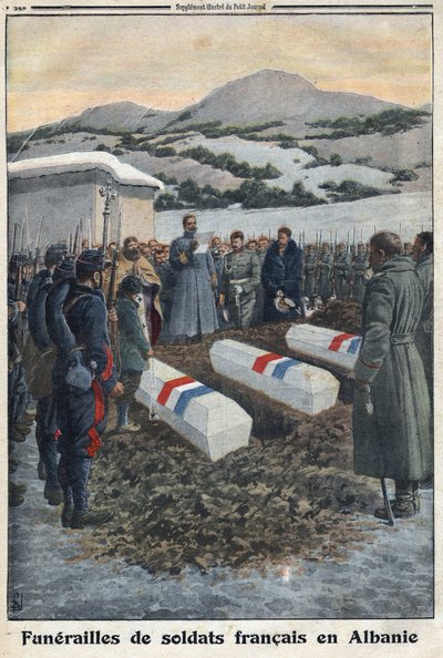 1914-1918年第一次世界大战（14-18战争）。在阿尔巴尼亚的法国士兵的葬礼。在 "小报 "上 作者 匿名匿名