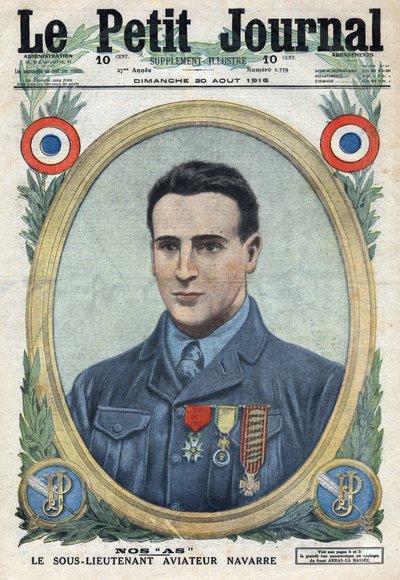 1914-1918年第一次世界大战（14-18战争）。让-纳瓦拉（1895-1919）法国军队飞行员的画像。在 "Le Petité Journal "中 作者 匿名匿名