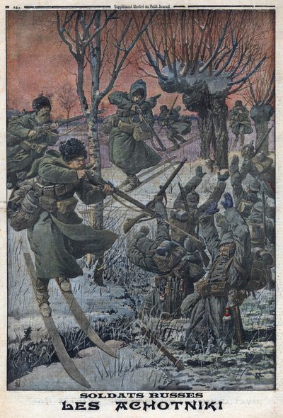 1914-1918年第一次世界大战（14-18战争）。骑着滑雪板的俄罗斯士兵Ahotniki射杀德国士兵。在 "Le Petite Journal"，1916年1月23日。私人收藏 作者 匿名匿名