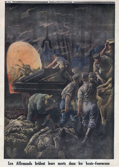 1914-1918年第一次世界大战（第14-18战）。德国人在熔炉中烧死士兵。在 "Le Petite Journal"，1916年4月23日。私人收藏 作者 匿名匿名