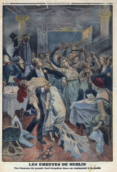 1914-1918年第一次世界大战（第14-18战）。人们的妇女闯入一家时尚餐厅，要求归还她们的丈夫。载于《小报》，1916年1月16日。私人收藏 作者 匿名匿名