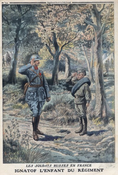 1914-1918年第一次世界大战（14-18战争）。年轻的俄罗斯士兵伊格纳托夫在法国军队的一个团里。在 "Le Petité Journal"，1916年5月21日。私人收藏 作者 匿名匿名