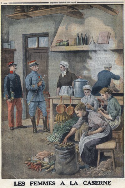 1914-1918年第一次世界大战（14-18战争）。妇女在军营的厨房里准备食物。马铃薯库中的三名厨师，正在给马铃薯削皮。载于《小报》，1916年5月7日。私人收藏 作者 匿名匿名