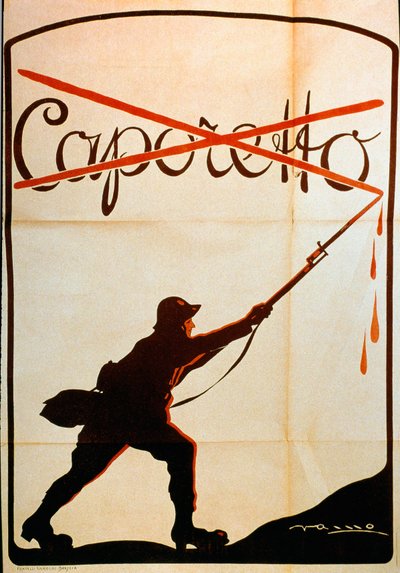First World War: poster published on the occasion of the defeat of Caporetto (or Battle of Karfreit) at the end of October 1917 representing a soldier of the Italian army who stripped the name “Caporetto” from the tip of his baonette. Illustrator not ident 作者 匿名匿名