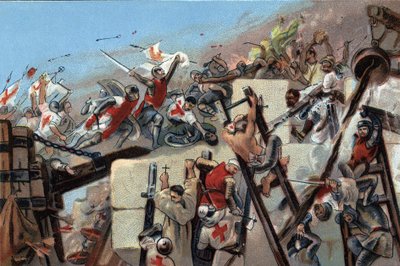 第一次十字军东征（1096-1099）：1099年7月15日，布永的戈德弗洛伊（Godefroi）（1061-1100）率领的croises占领了耶路撒冷。布鲁塞尔安托万巧克力的广告色版画，20世纪初。私人收藏 作者 匿名匿名