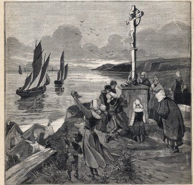 在冰岛捕鱼：渔民们离开布列塔尼。1893年3月12日在 "小巴黎人 "上的版画。 作者 匿名匿名