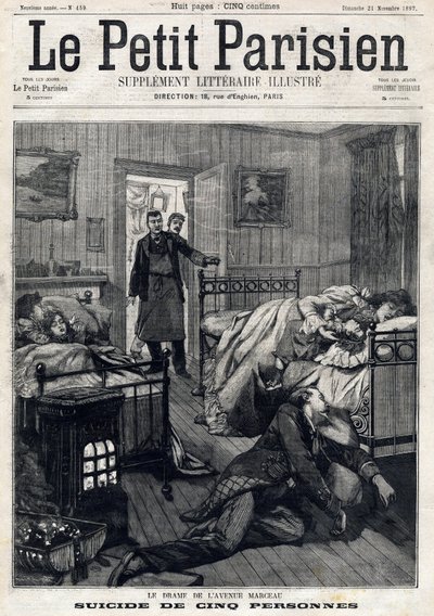五人在巴黎马尔索大道自杀。在1897年11月21日的 "Le Peute Parisien "上。私人收藏 作者 匿名匿名